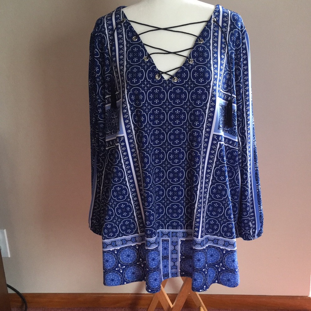 Blue Pattern Blouse w/ black string lace up chest.